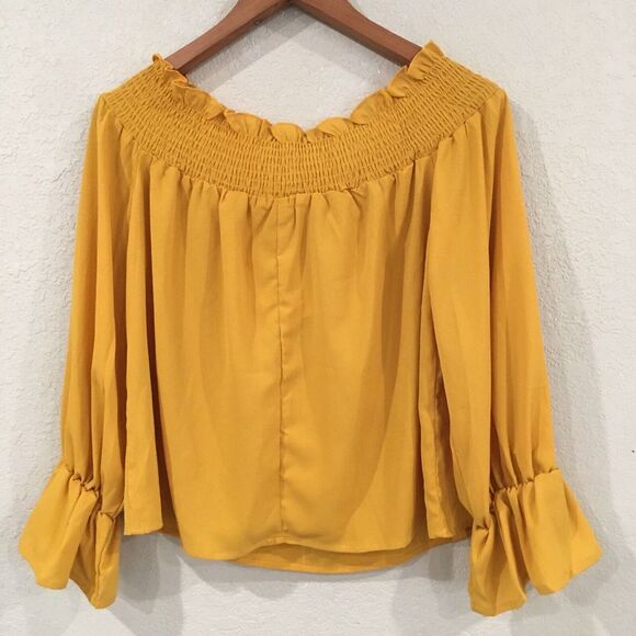 NEW andthewhy Women Sz M Blouse Yellow Mustard Long Sleeve Off The Shoulder Boho - Picture 2 of 12